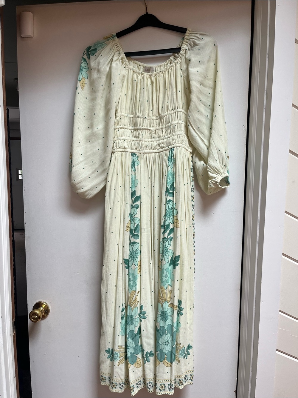 LOFT Cream Maxi Dress with Teal Floral Panels